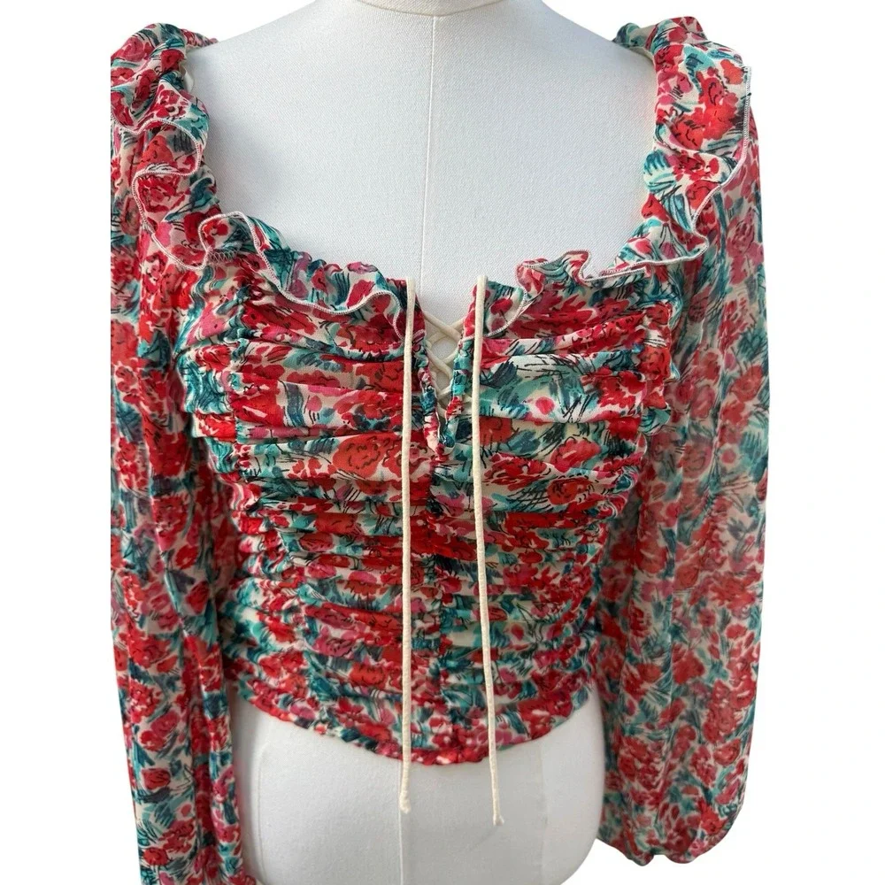 Free People XS Floral Ruched Crop Top Sheer Puff Sleeve Open Back Boho Blouse